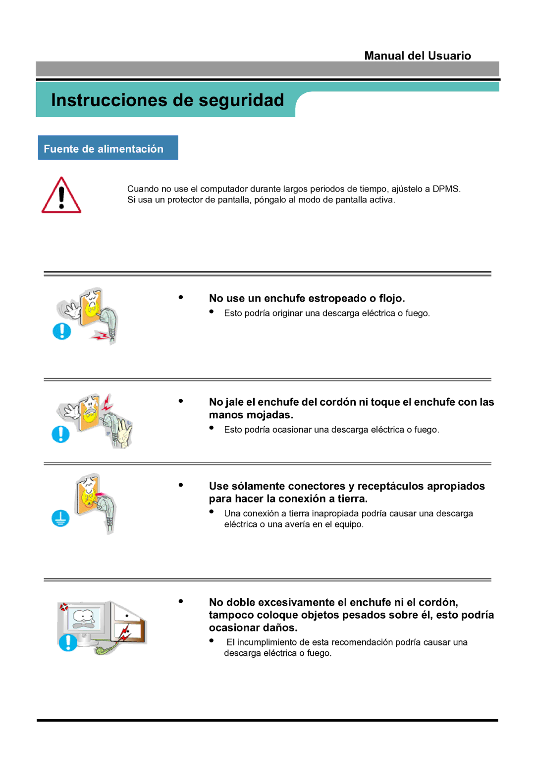 Samsung 170S manual Fuente de alimentación, No use un enchufe estropeado o flojo 