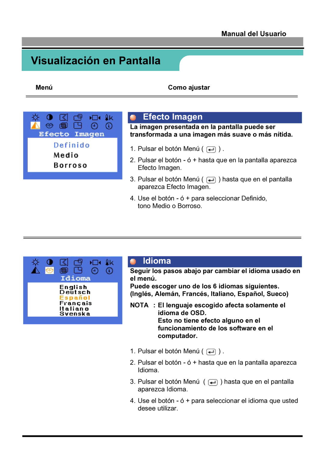 Samsung 170S manual Efecto Imagen, Idioma 