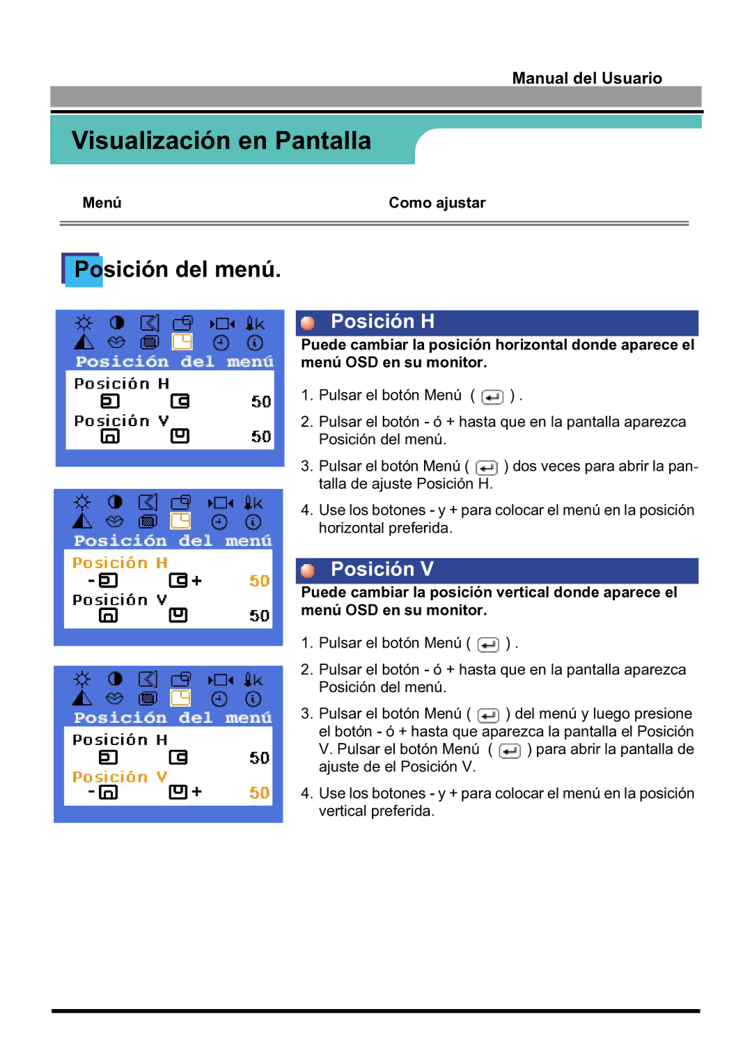 Samsung 170S manual Posición del menú 