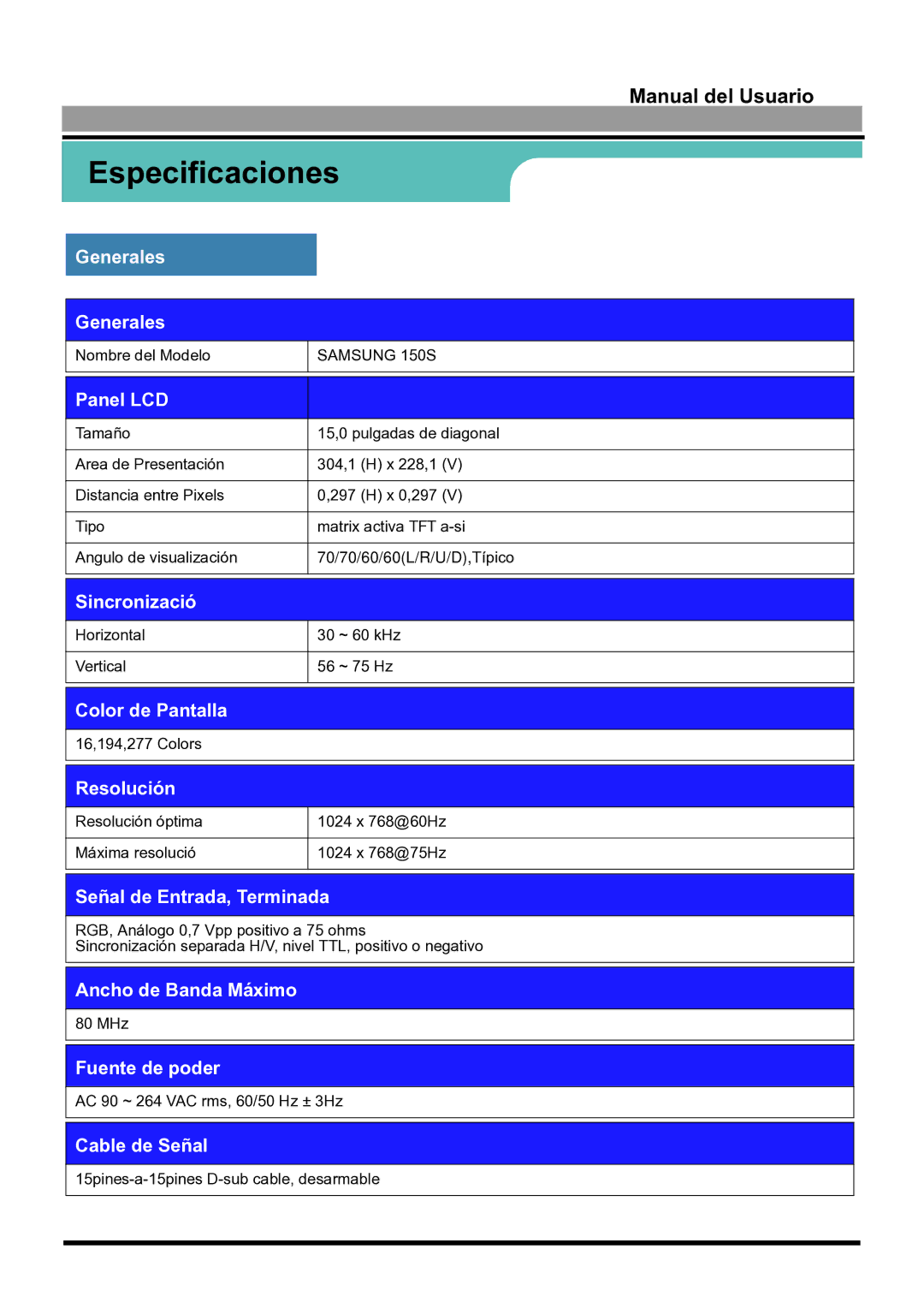 Samsung 170S manual Especificaciones 