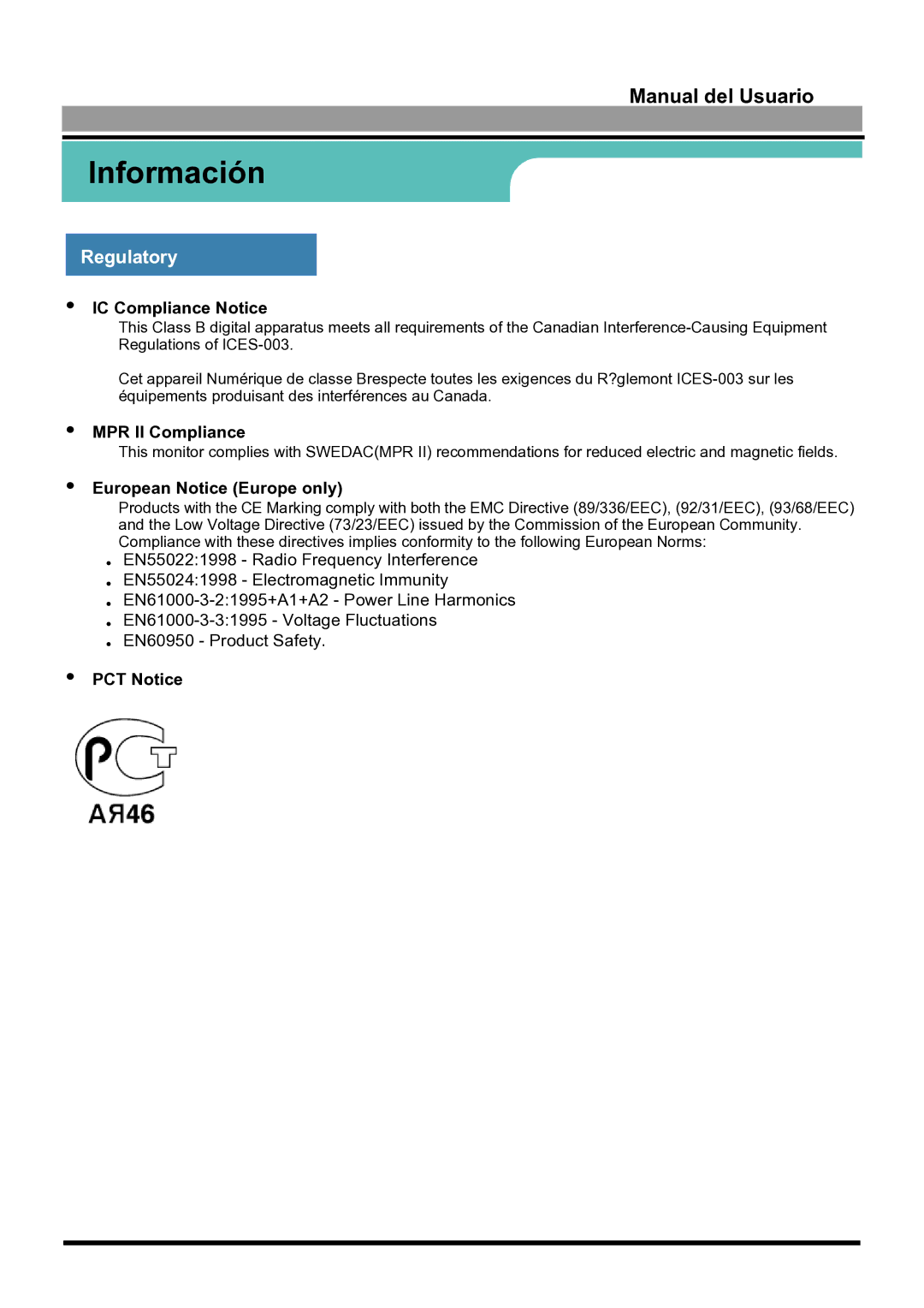 Samsung 170S manual IC Compliance Notice, MPR II Compliance, European Notice Europe only, PCT Notice 