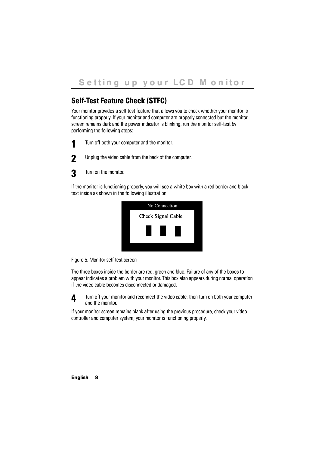 Samsung 170T manual Self-Test Feature Check STFC, Setting up your LCD Monitor, Check Signal Cable, No Connection, English 