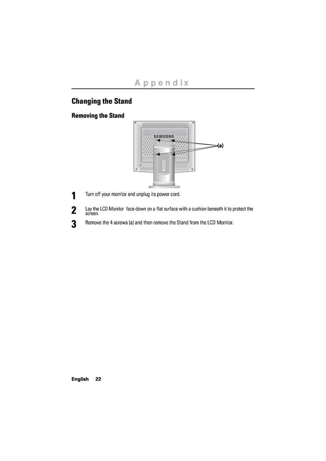 Samsung 170T manual Changing the Stand, Removing the Stand, Appendix, English 