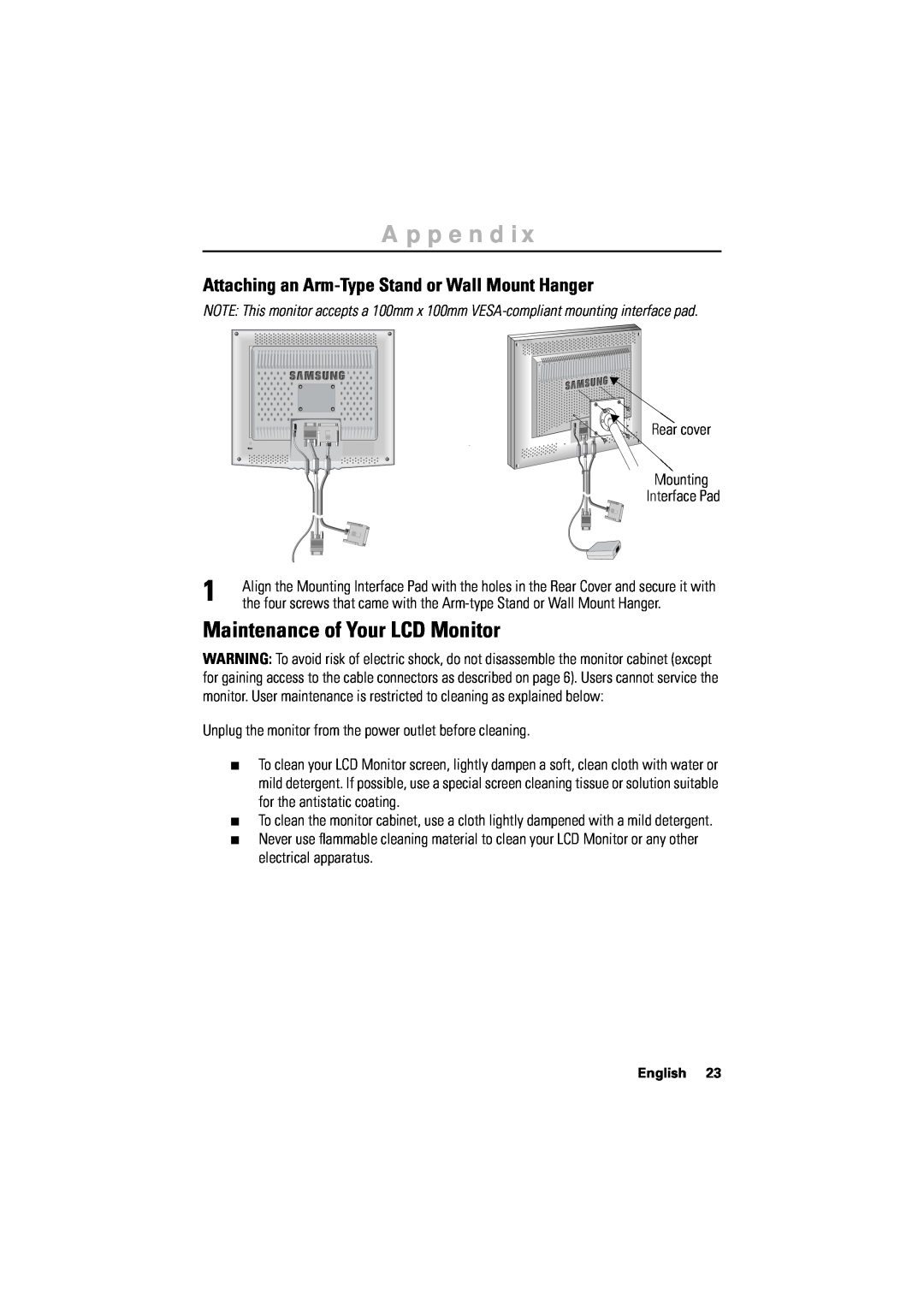Samsung 170T manual Maintenance of Your LCD Monitor, Attaching an Arm-Type Stand or Wall Mount Hanger, English, Appendix 