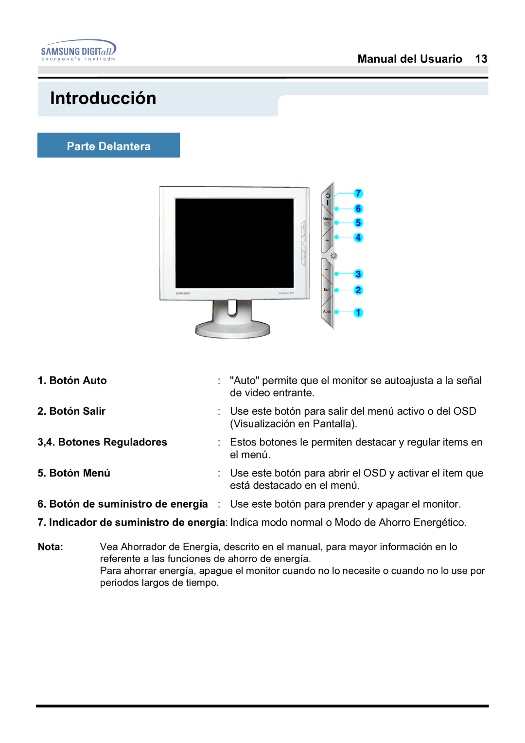 Samsung 181B, 171B, 171S manual Botón Auto, Botón Salir, Botones Reguladores, Botón Menú 