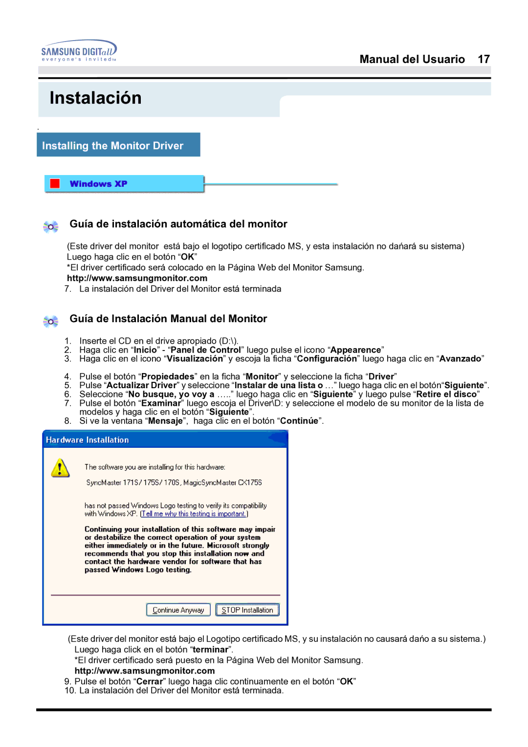 Samsung 171S, 171B, 181B manual Installing the Monitor Driver, Guía de Instalación Manual del Monitor 