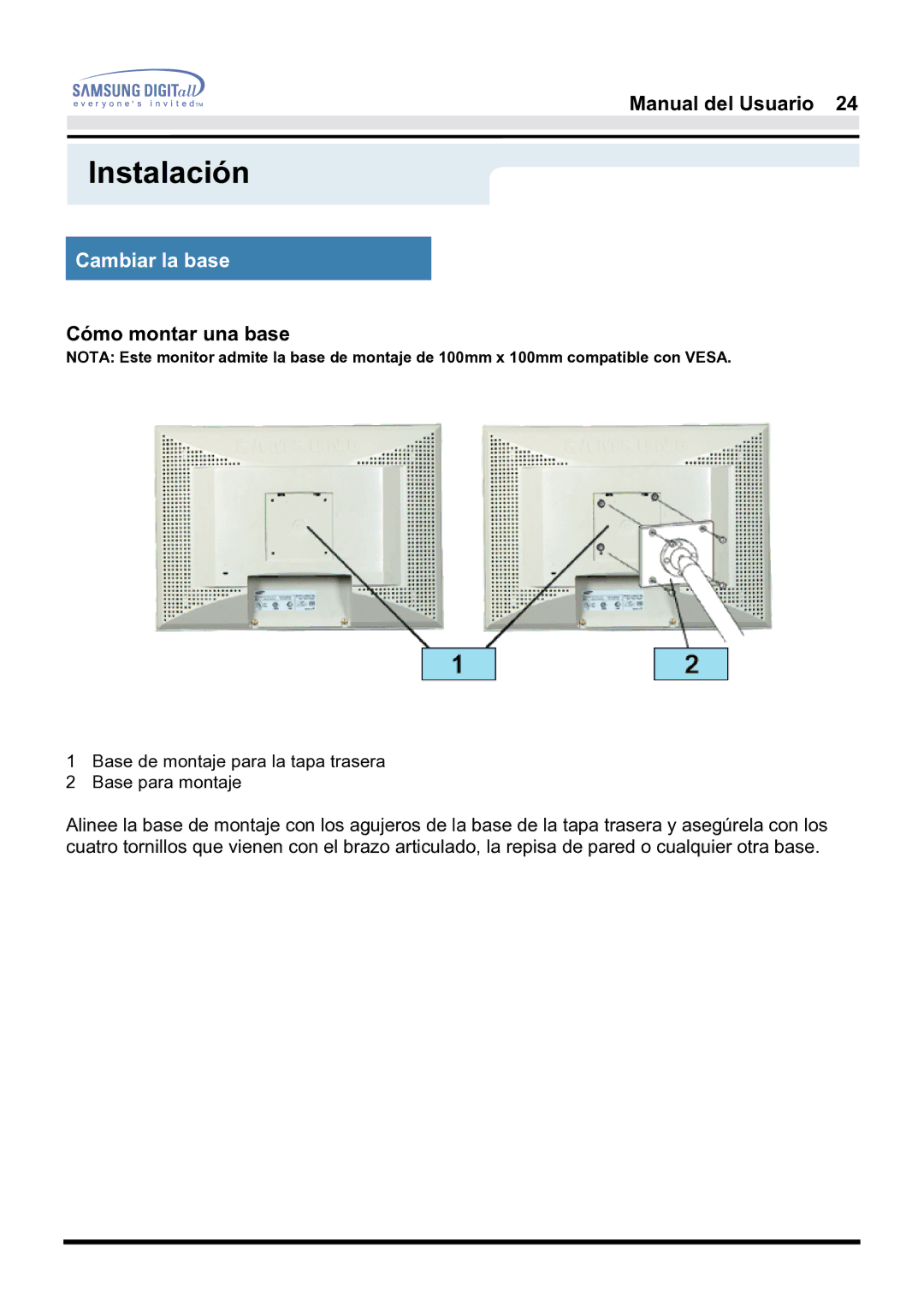 Samsung 171B, 181B, 171S manual Cómo montar una base 