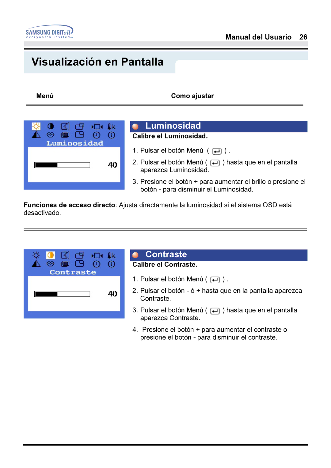 Samsung 171S, 171B, 181B manual Menú Como ajustar, Calibre el Luminosidad, Calibre el Contraste 