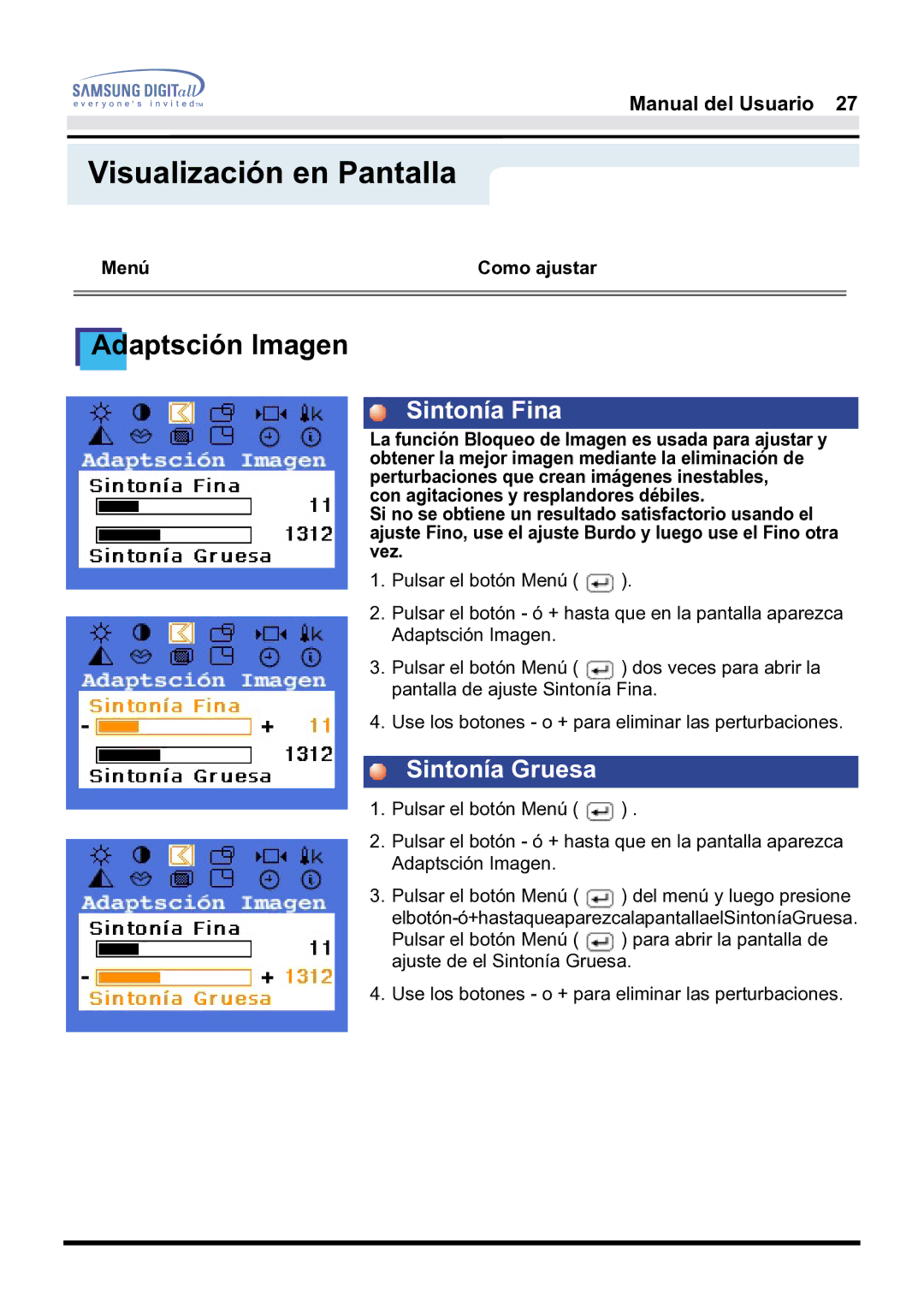 Samsung 171B, 181B, 171S manual Sintonía Fina, Sintonía Gruesa 