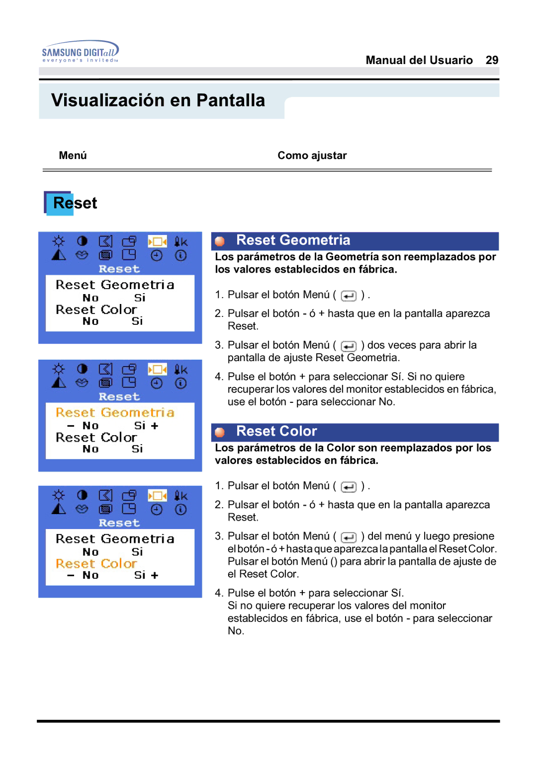 Samsung 171S, 171B, 181B manual Reset Geometria, Reset Color 