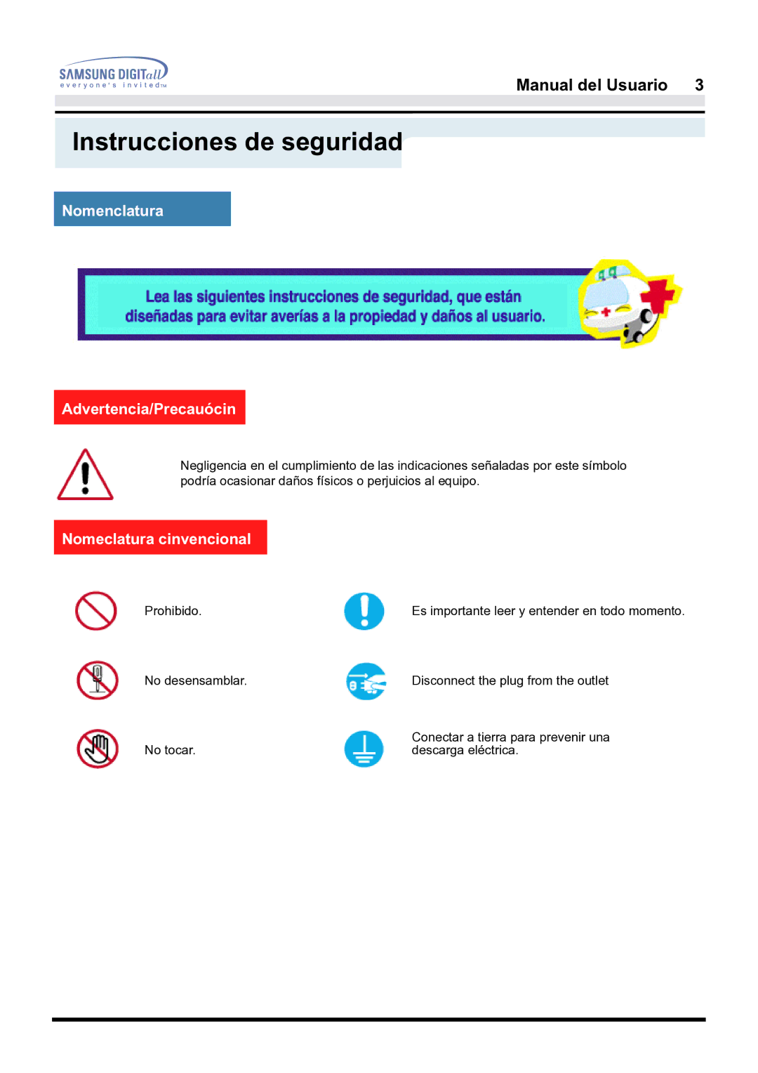 Samsung 171B, 181B, 171S manual Instrucciones de seguridad, Nomenclatura Advertencia/Precauócin, Nomeclatura cinvencional 