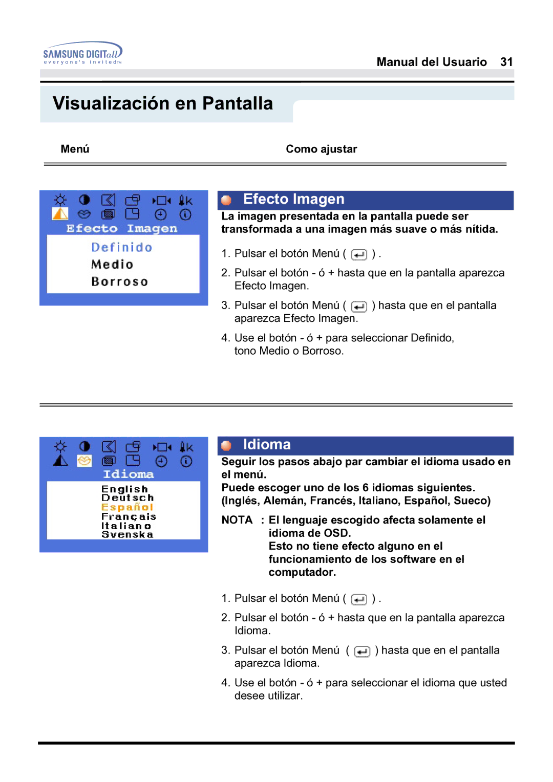 Samsung 181B, 171B, 171S manual Efecto Imagen, Idioma 