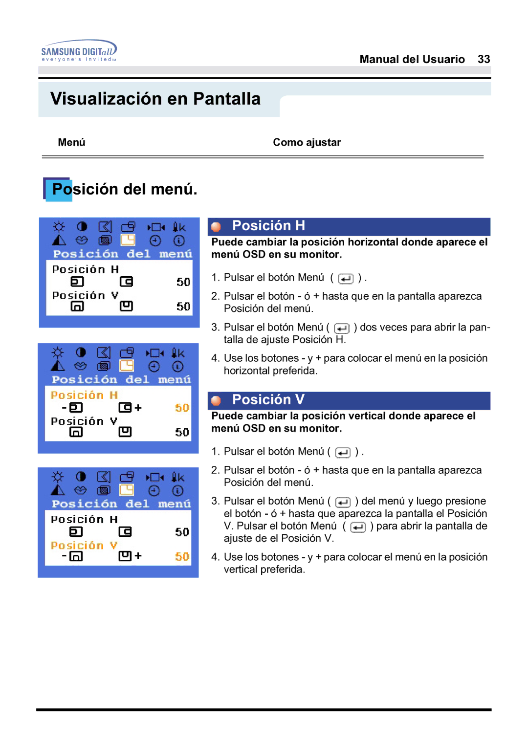 Samsung 171B, 181B, 171S manual Posición del menú 