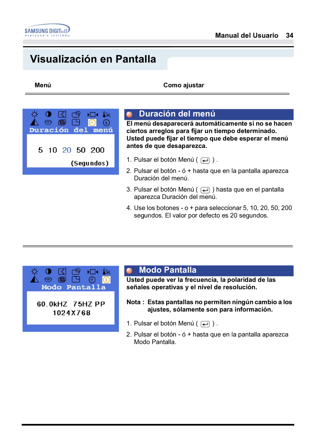 Samsung 181B, 171B, 171S manual Duración del menú, Modo Pantalla 