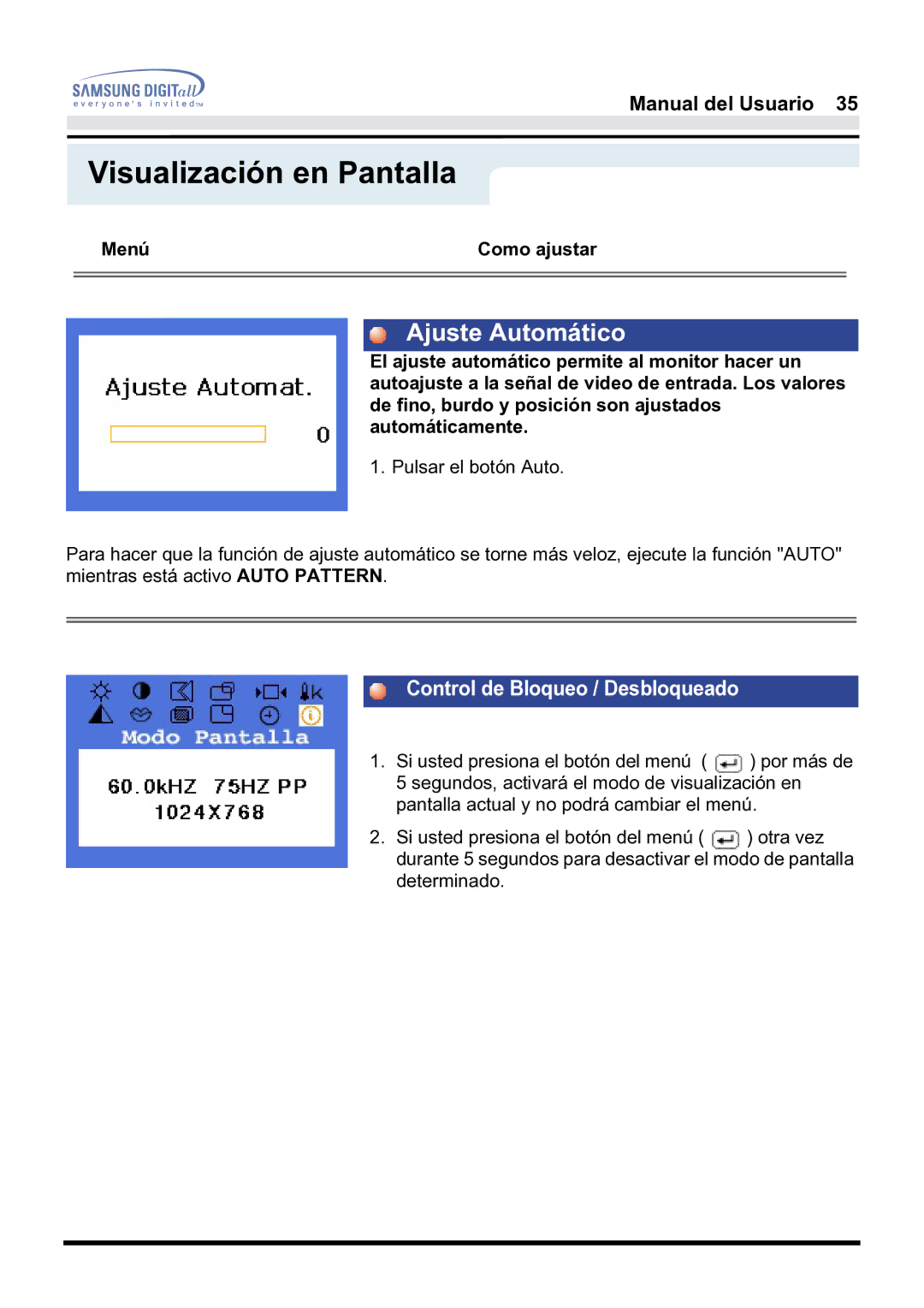 Samsung 171S, 171B, 181B manual Ajuste Automático, Control de Bloqueo / Desbloqueado 