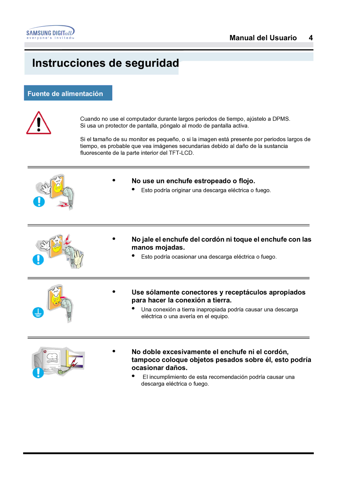 Samsung 181B, 171B, 171S manual Fuente de alimentación, No use un enchufe estropeado o flojo 