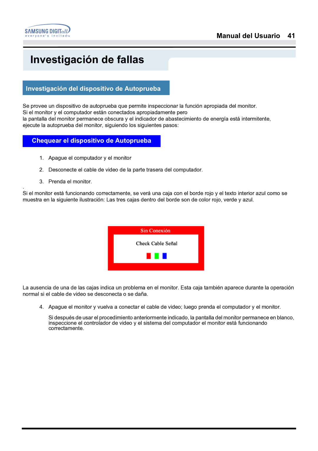 Samsung 171S, 171B, 181B manual Investigación del dispositivo de Autoprueba, Chequear el dispositivo de Autoprueba 