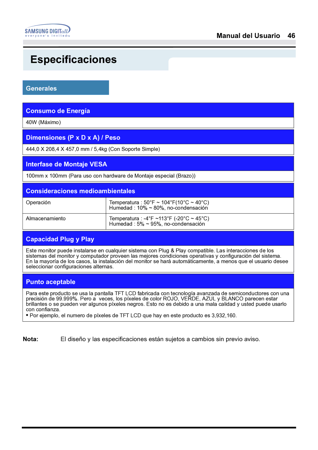 Samsung 181B, 171B, 171S manual Especificaciones 