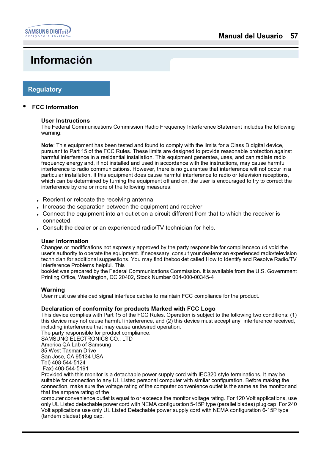 Samsung 171B, 181B, 171S manual Regulatory, FCC Information User Instructions, User Information 