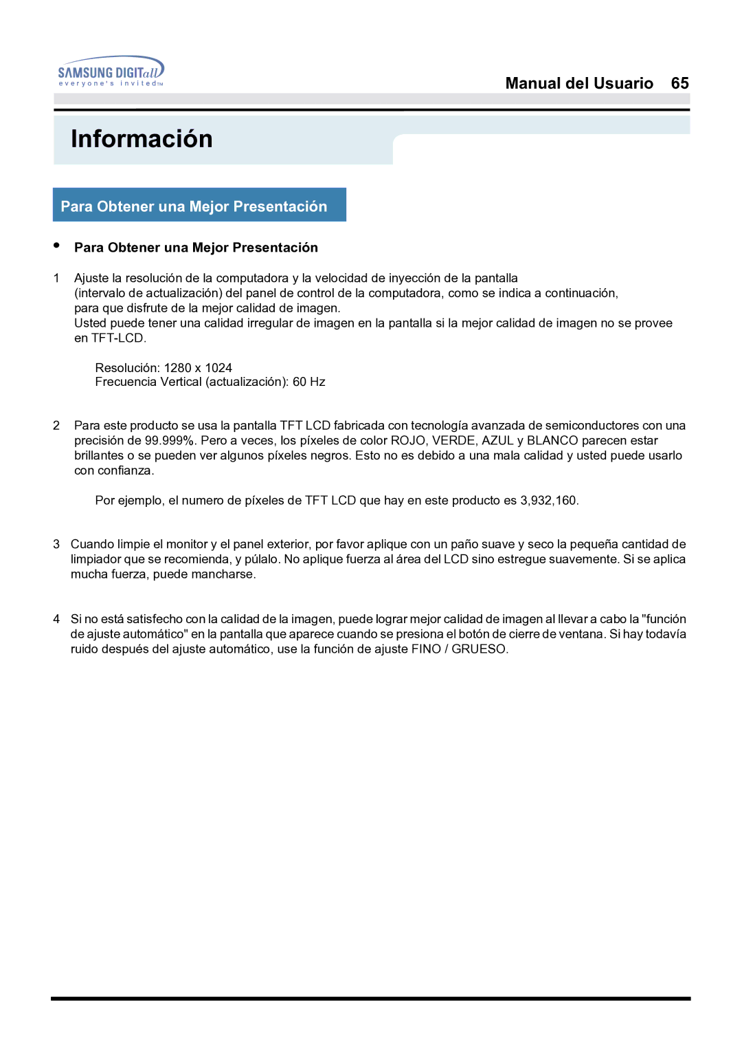 Samsung 171S, 171B, 181B manual Para Obtener una Mejor Presentación 