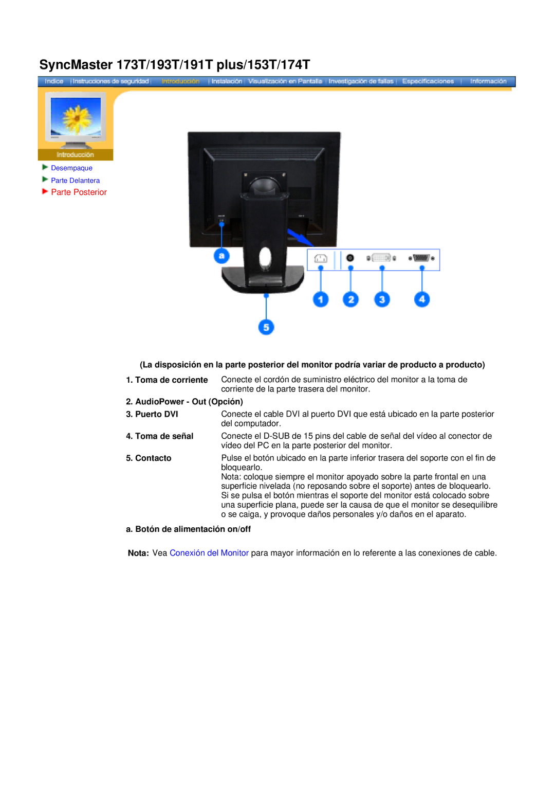 Samsung 191T, 171N, 152N, 172N Parte Posterior, AudioPower Out Opción Puerto DVI, Contacto, Botón de alimentación on/off 