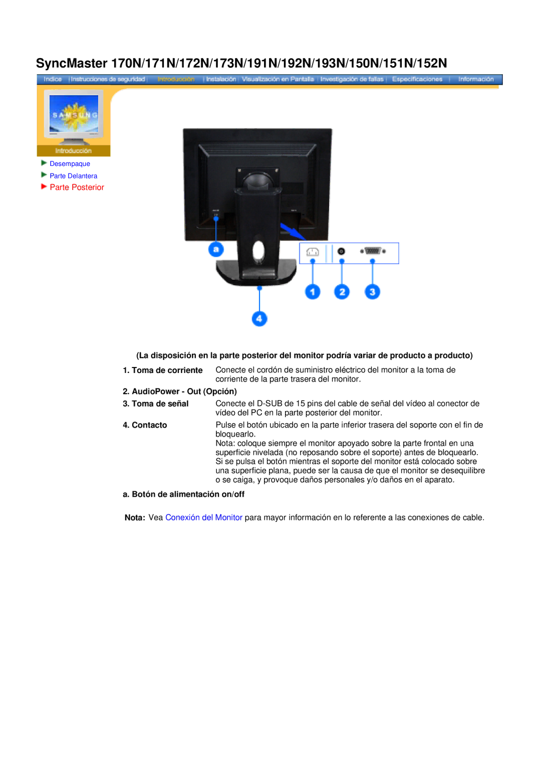 Samsung 171N, 152N, 172N, 170N, 174T, 191n, 191T manual AudioPower Out Opción 