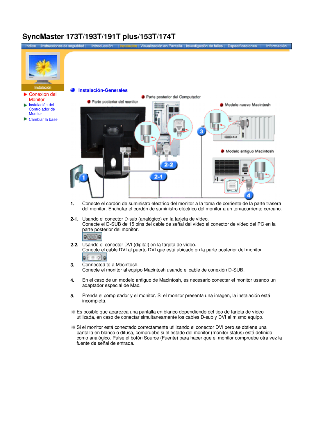 Samsung 152N, 171N, 172N, 170N, 174T, 191n, 191T manual Conexión del Monitor, Instalación-Generales 