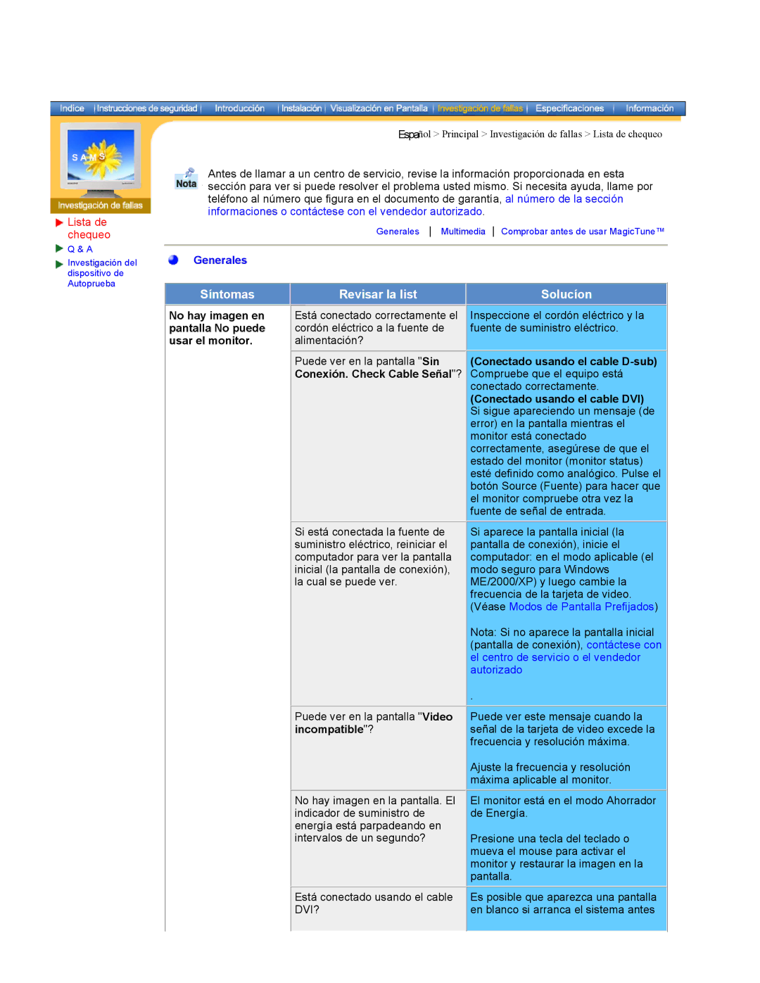 Samsung 170N, 171N, 152N, 172N, 174T, 191n, 191T manual Lista de chequeo, No hay imagen en pantalla No puede usar el monitor 