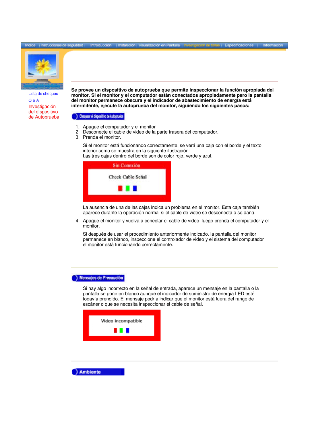 Samsung 171N, 152N, 172N, 170N, 174T, 191n, 191T manual Investigación del dispositivo de Autoprueba 