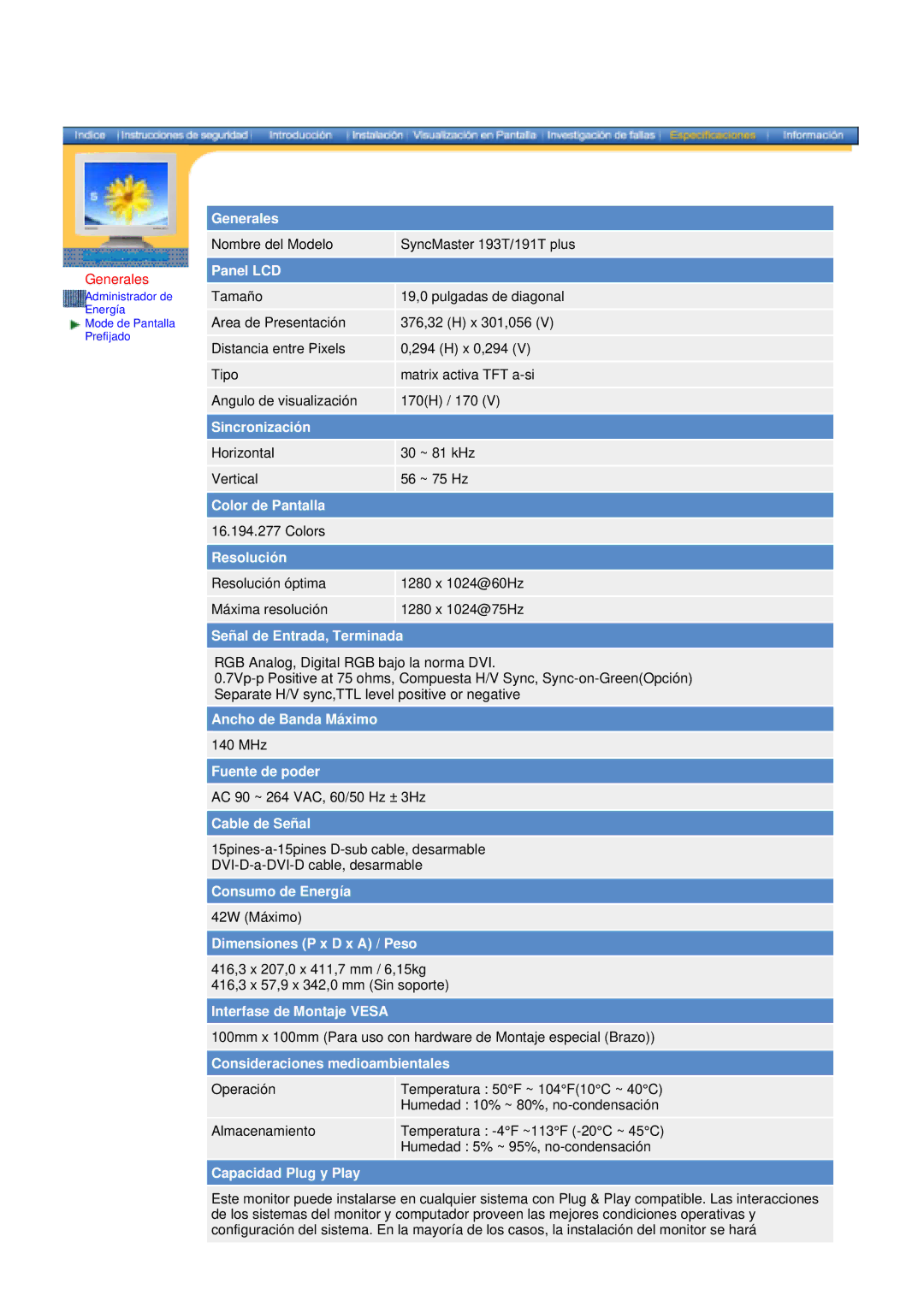 Samsung 174T, 171N, 152N, 172N, 170N, 191n manual Nombre del Modelo SyncMaster 193T/191T plus 