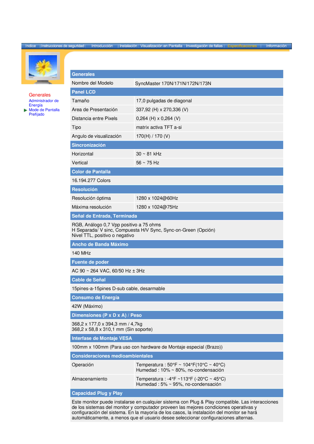 Samsung 191T, 152N, 174T, 191n manual Nombre del Modelo SyncMaster 170N/171N/172N/173N 