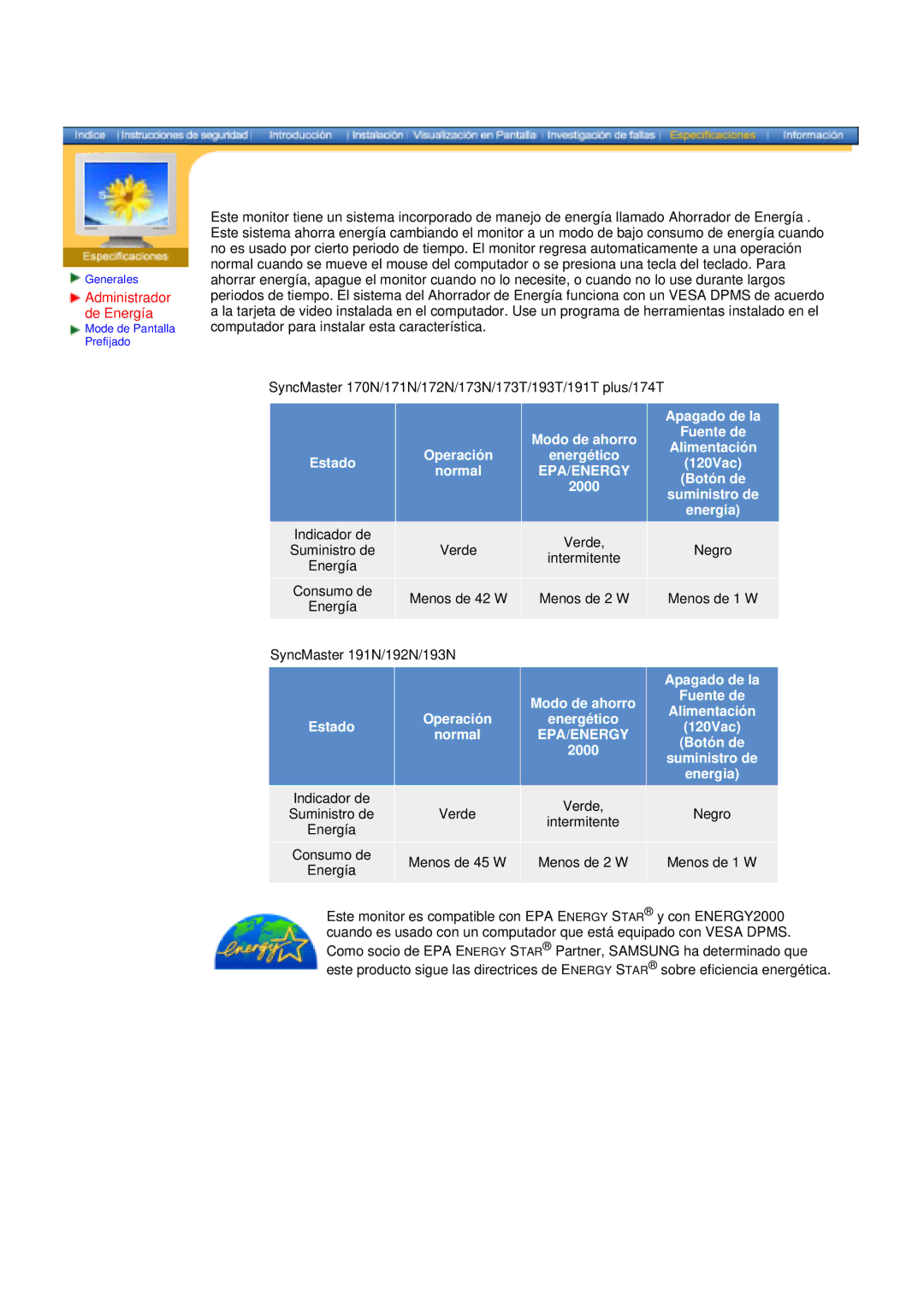 Samsung 172N, 171N, 152N, 170N, 174T, 191n, 191T manual Administrador de Energía, Epa/Energy 