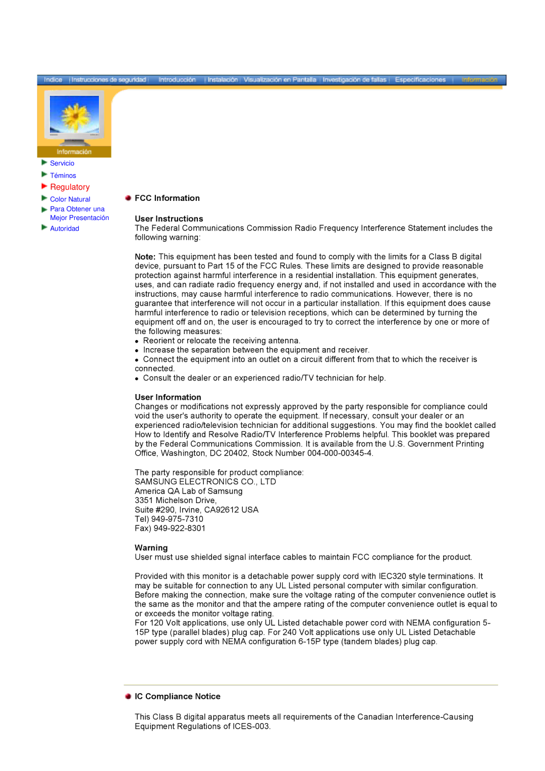 Samsung 170N, 171N, 152N, 172N, 174T Regulatory, FCC Information User Instructions, User Information, IC Compliance Notice 