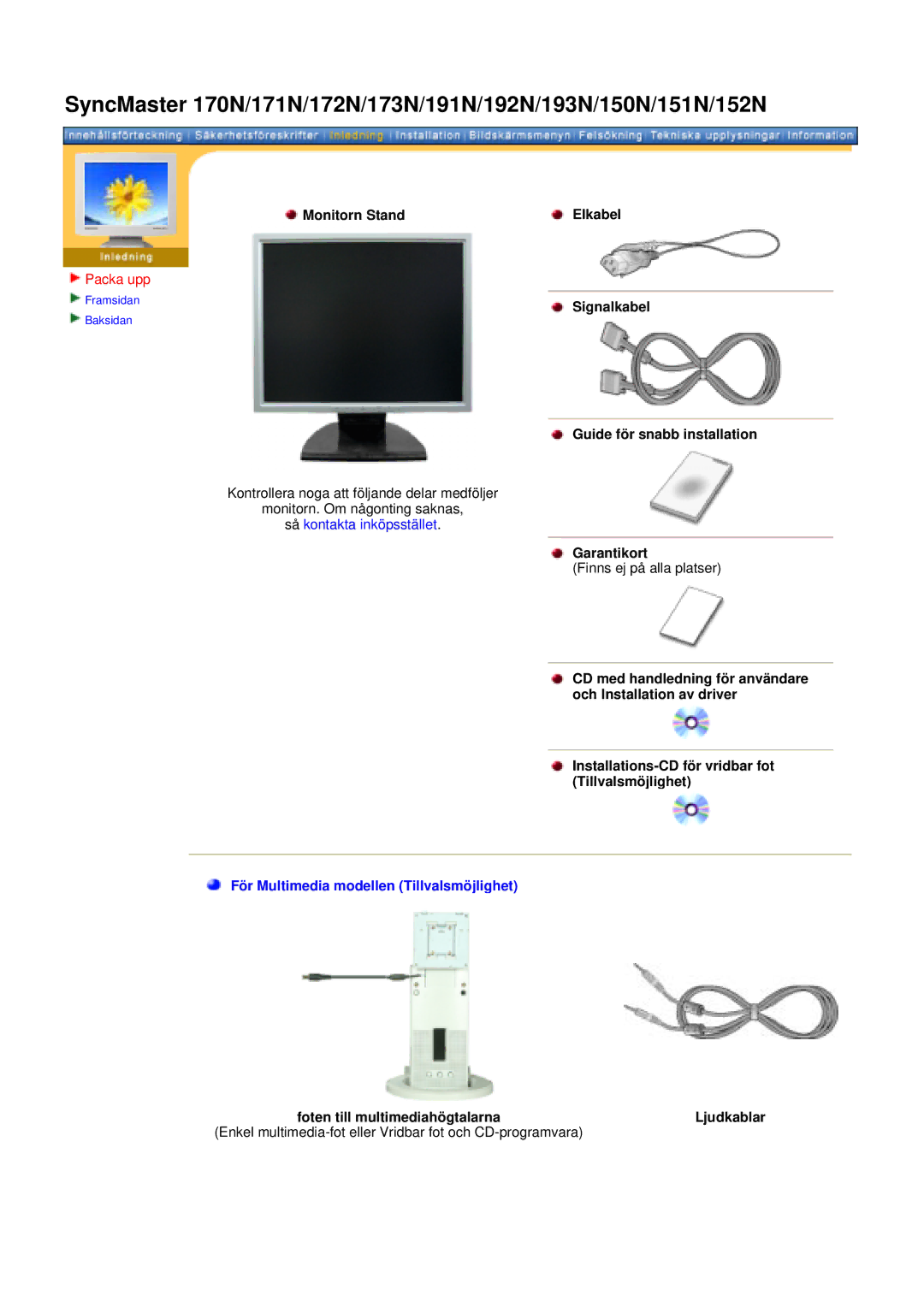 Samsung 171N manual Monitorn Stand Elkabel, Guide för snabb installation 