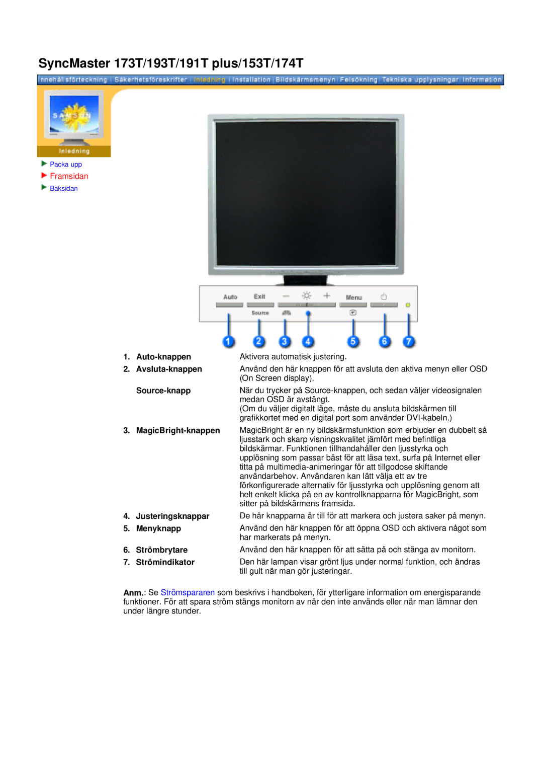 Samsung 171N manual Auto-knappen, Avsluta-knappen, Source-knapp, Justeringsknappar, Menyknapp, Har markerats på menyn 