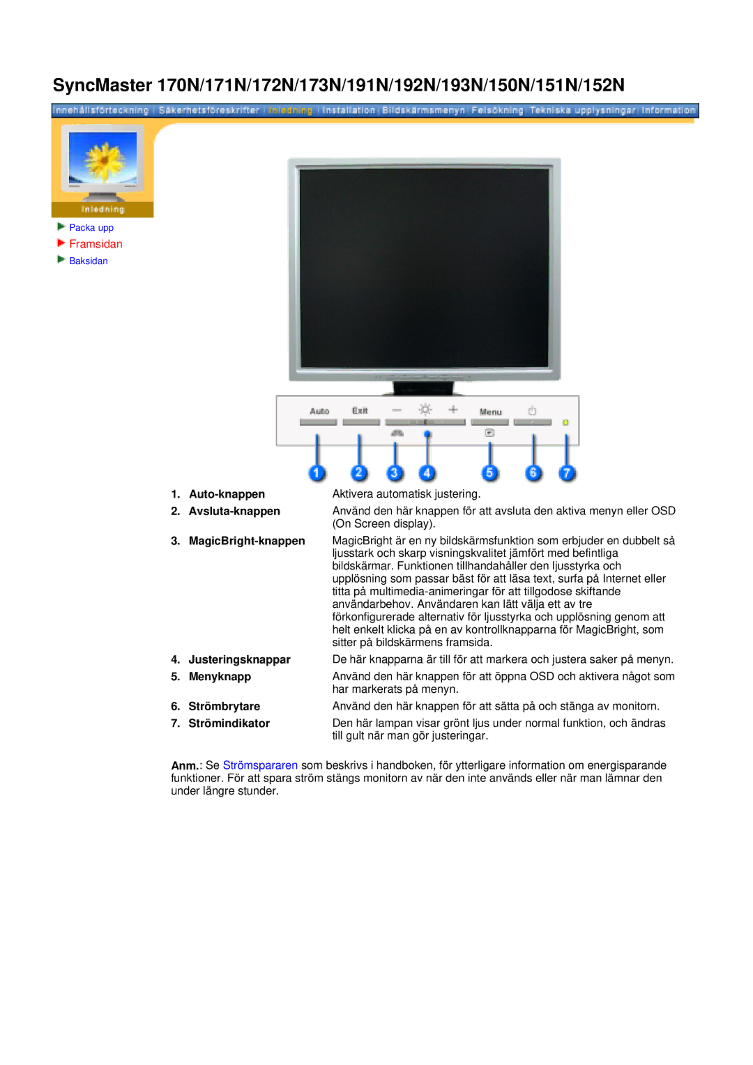 Samsung 171N manual Auto-knappen Aktivera automatisk justering Avsluta-knappen, On Screen display 