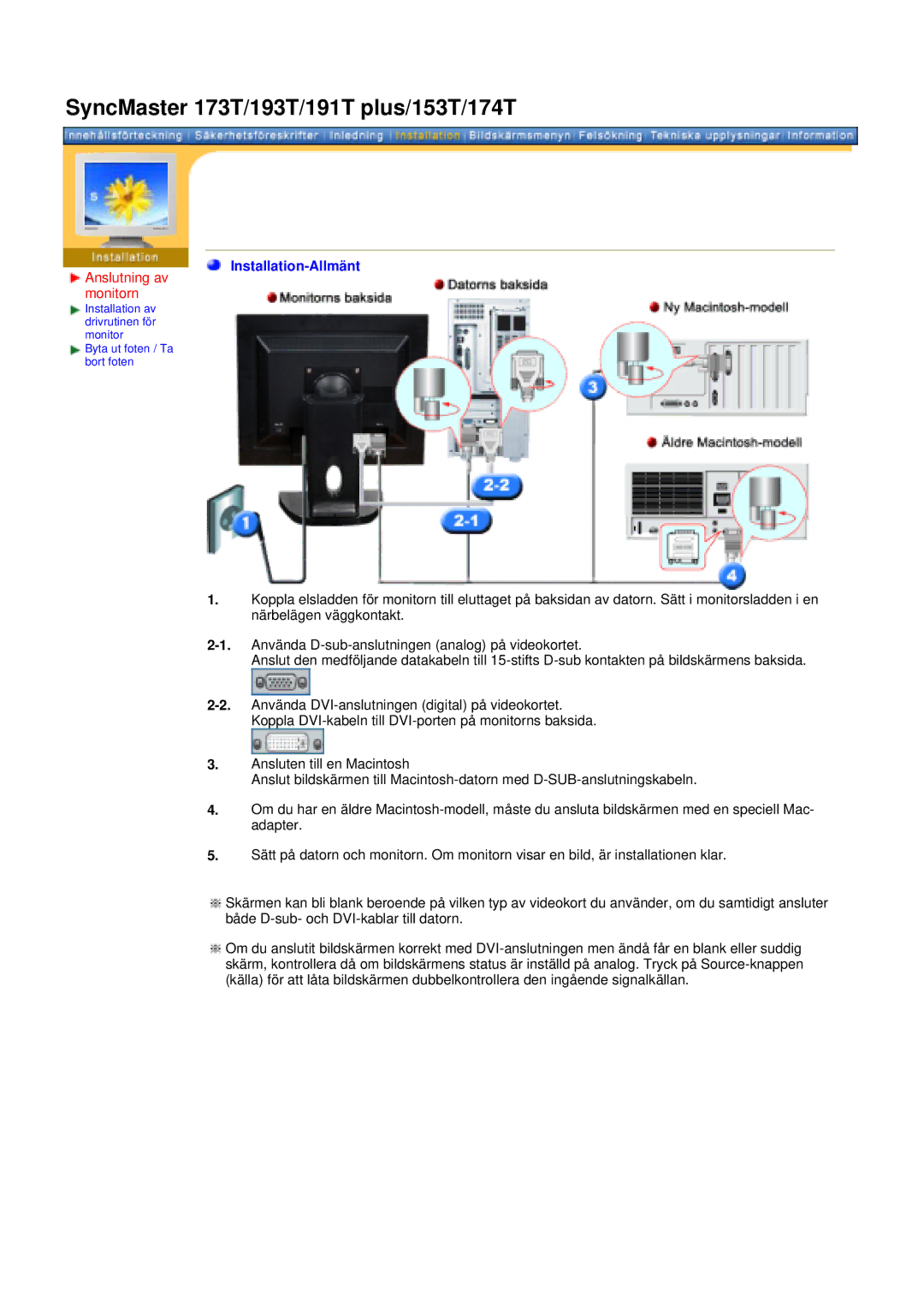 Samsung 171N manual Installation-Allmänt 