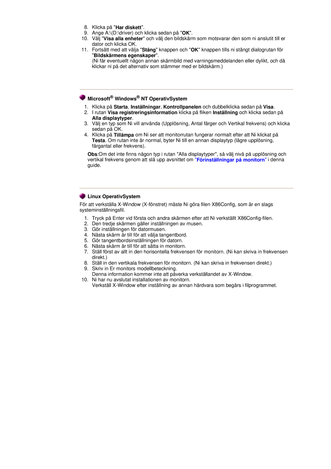 Samsung 171N manual Microsoft Windows NT OperativSystem, Linux OperativSystem 