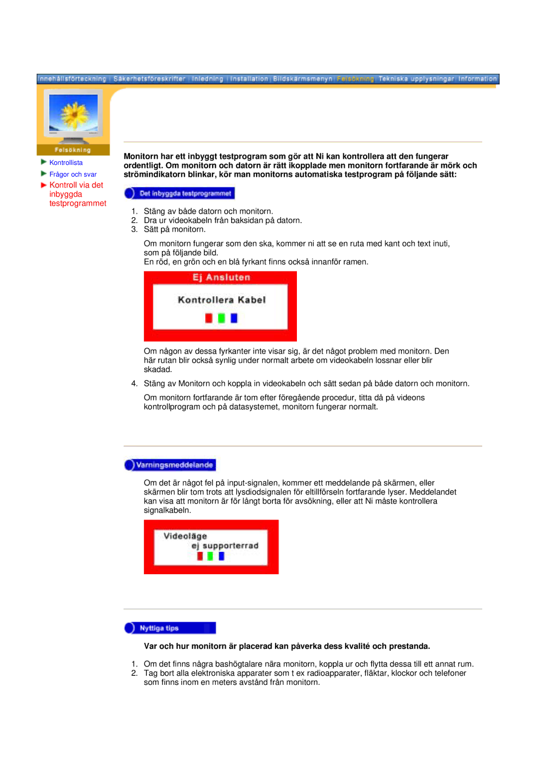 Samsung 171N manual Kontroll via det inbyggda testprogrammet 