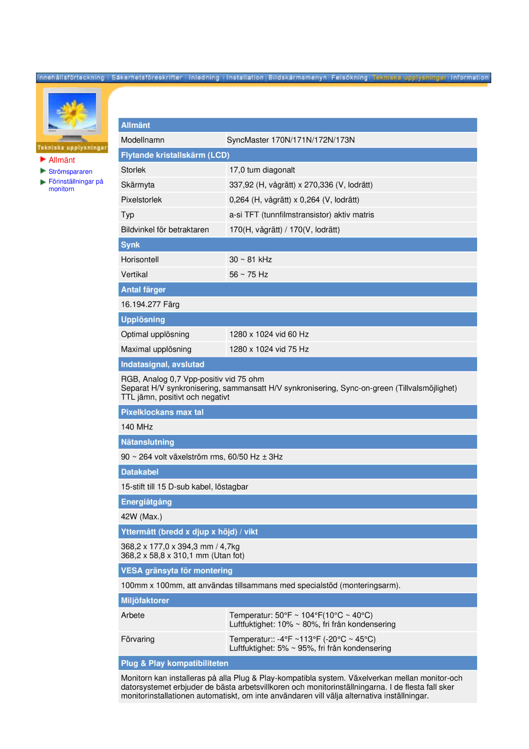 Samsung manual Modellnamn SyncMaster 170N/171N/172N/173N 