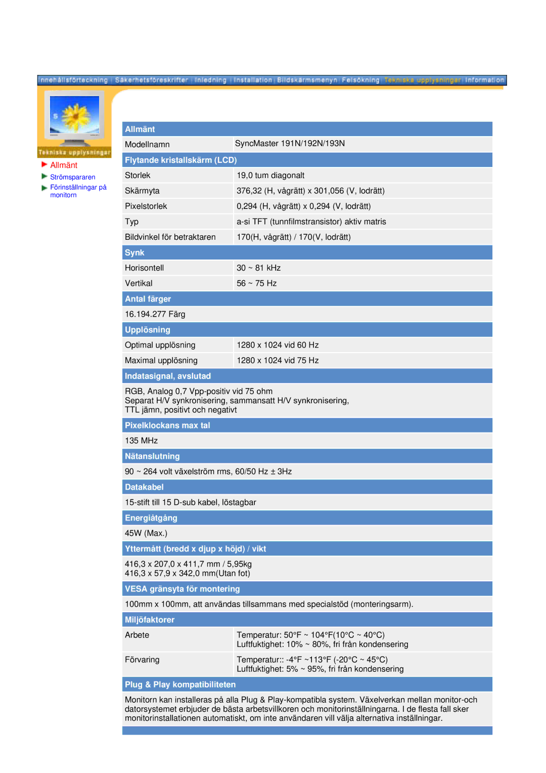 Samsung 171N manual Modellnamn SyncMaster 191N/192N/193N 