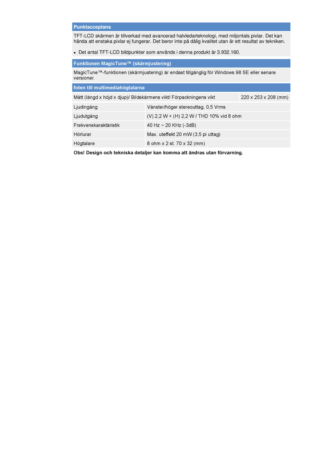 Samsung 171N manual Punktacceptans 