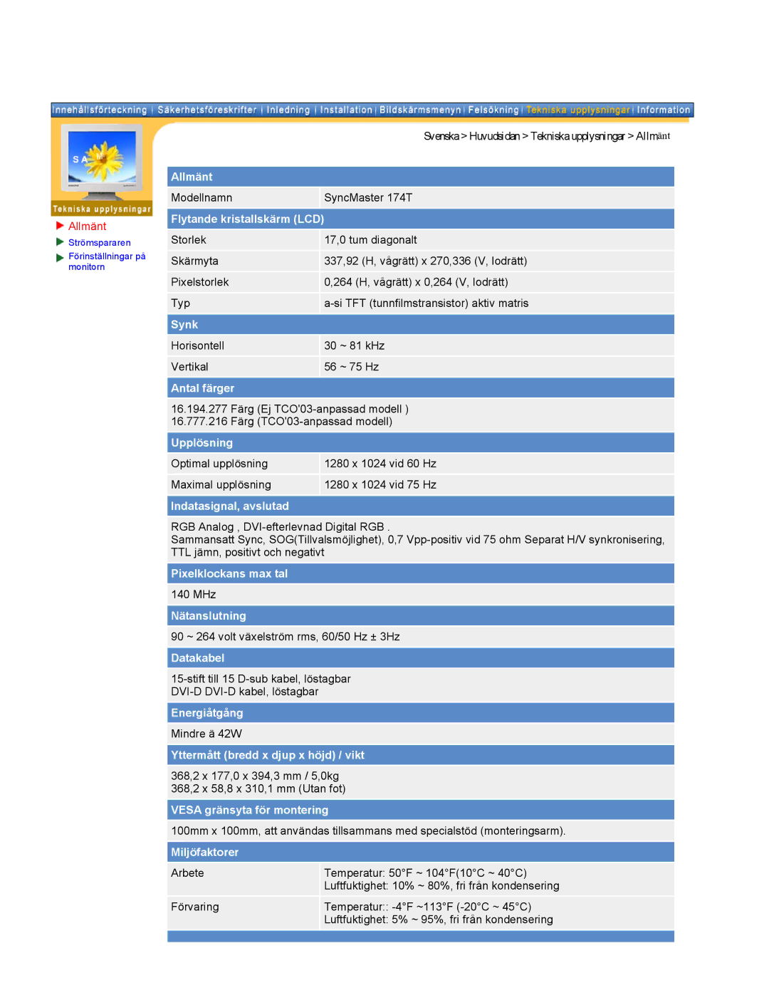 Samsung 171N manual Modellnamn SyncMaster 174T 