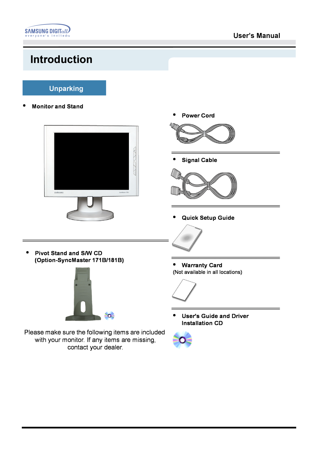 Samsung 171B, 171S, 181B, 171T, 171Q manual Introduction, Unparking, User’s Manual, Monitor and Stand Power Cord 