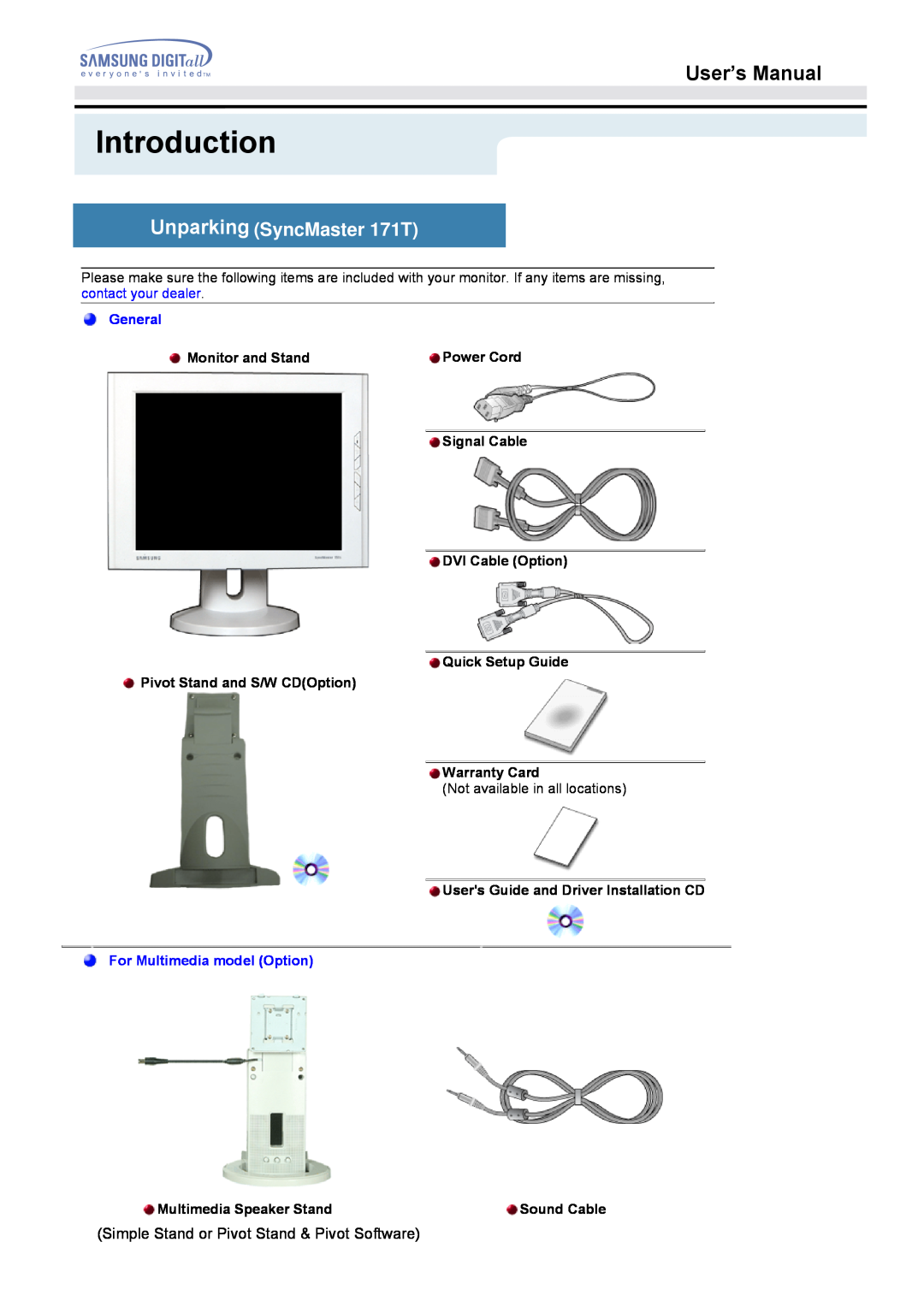 Samsung 171Q Unparking SyncMaster 171T, Introduction, User’s Manual, General, Monitor and Stand, Power Cord, Sound Cable 