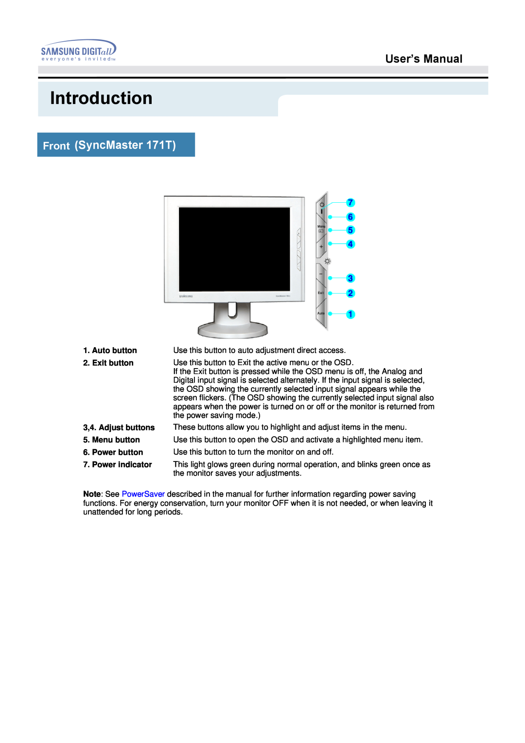 Samsung 171Q manual Front SyncMaster 171T, Introduction, User’s Manual, Auto button, Exit button, the power saving mode 