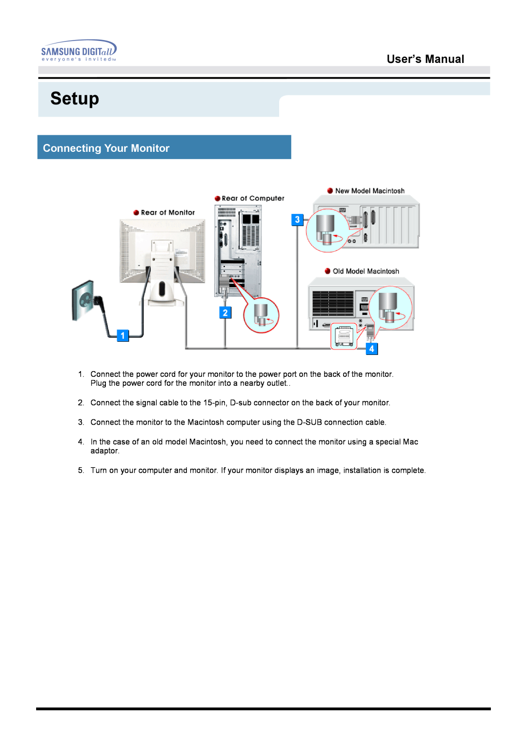 Samsung 171B, 171S, 181B, 171T, 171Q manual Setup, Connecting Your Monitor, User’s Manual 