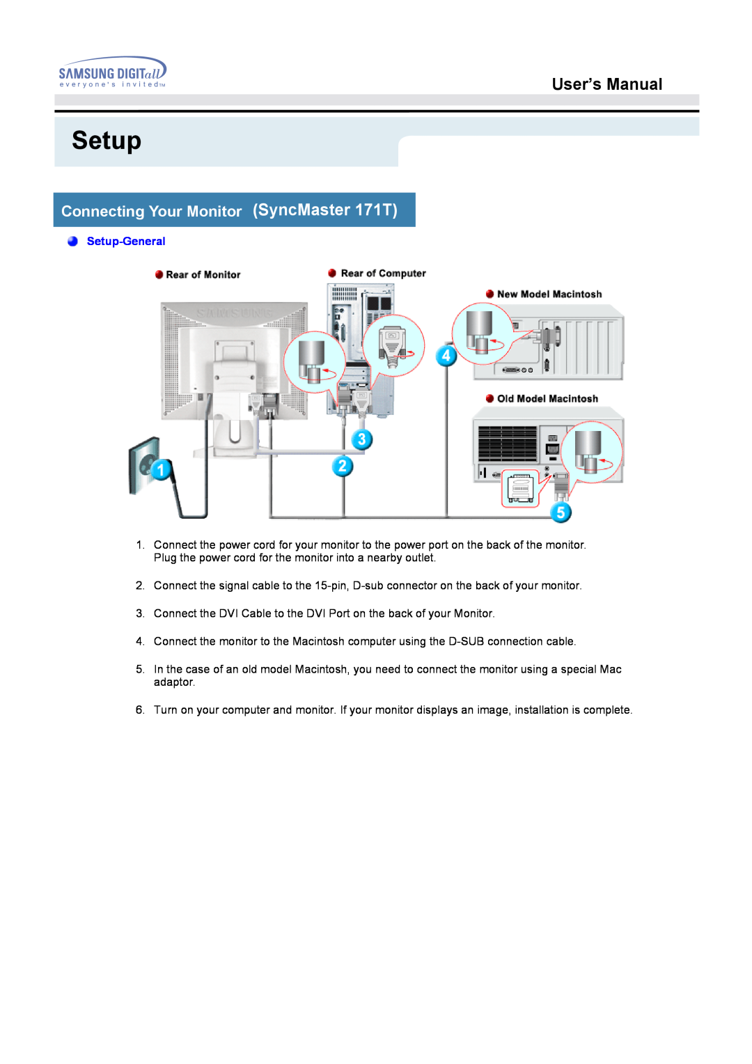 Samsung 171B, 171S, 181B, 171T, 171Q manual Connecting Your Monitor SyncMaster 171T, User’s Manual, Setup-General 