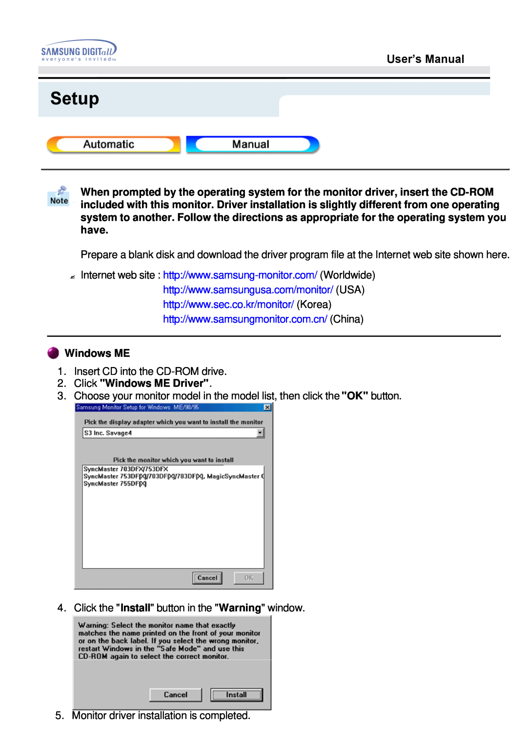 Samsung 171B, 171S, 181B, 171T, 171Q manual Setup, User’s Manual, Windows ME 