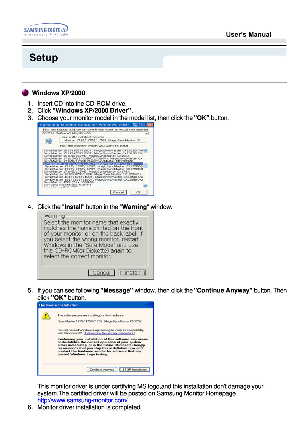 Samsung 171B, 171S, 181B, 171T, 171Q manual Setup, User’s Manual, Click Windows XP/2000 Driver 